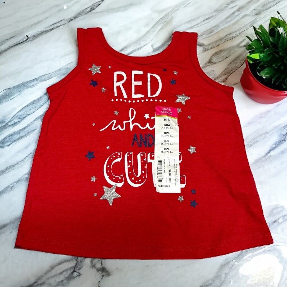 Okie Dokie Girls Tank Top Sz 18 Mo Red White & Cute Stars Slub Knit Glitter NEW‎